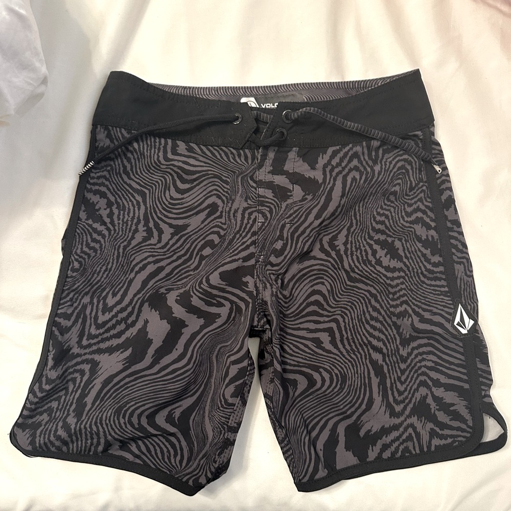 Volcom Black and Grey Boardshorts with Topographic Pattern